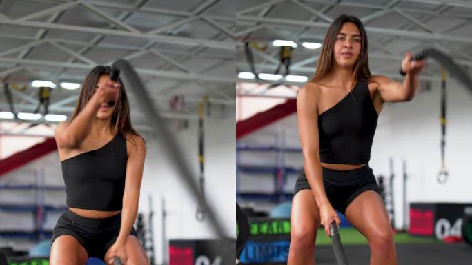 美丽的拉丁美洲女人在健身房练绳战