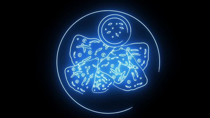 动画的典型的韩国食物的图标，发光的霓虹灯效果