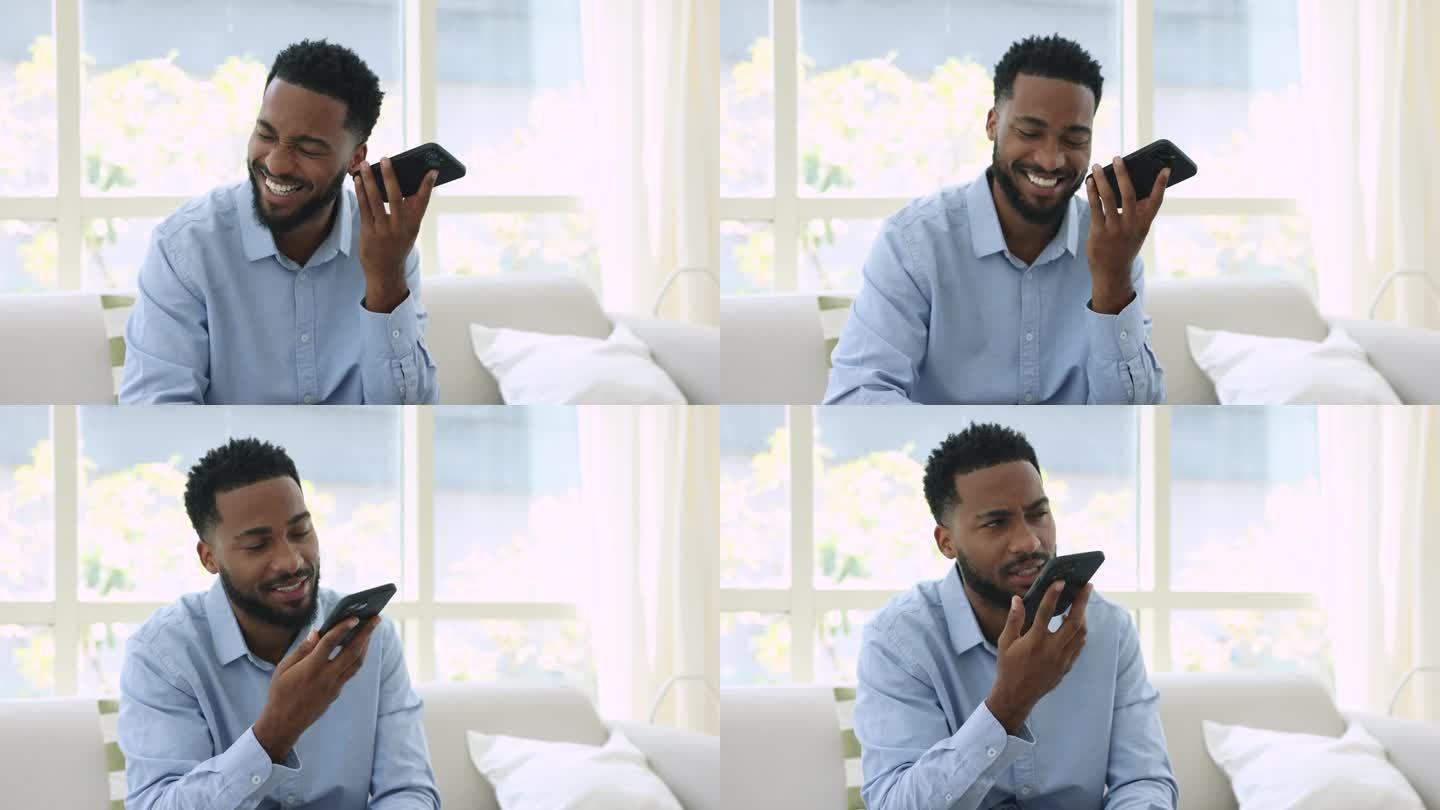 年轻的非洲男子用手机与朋友分享音频信息