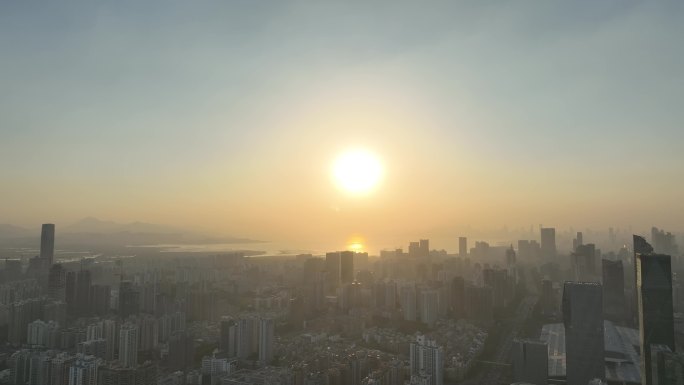 深圳福田区夕阳日落航拍皇岗村城市建筑风光