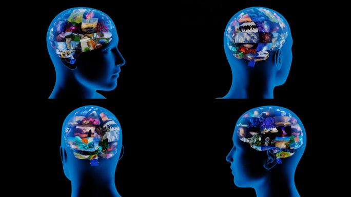 人头与大脑由动画视频剪辑拼贴而成，神经元放电