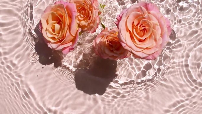 水面上掉落的粉红玫瑰花朵和粉红色背景上发散的水圈的慢动作。水溅粉红色。纯净的水反射阳光和阴影。