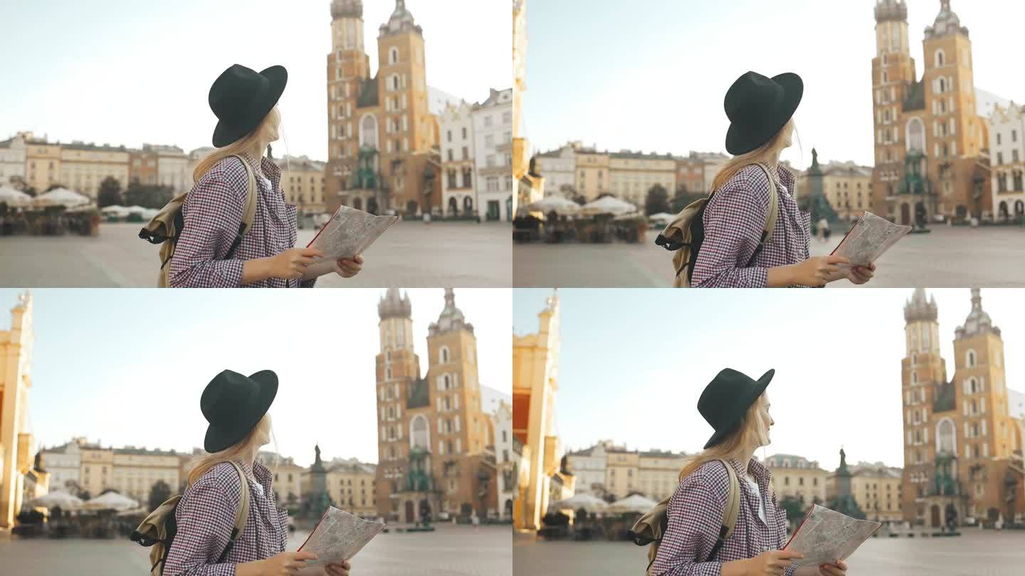 手持旅游地图走在克拉科夫旧市场广场上的女游客的真实照片。旅行和积极的生活方式理念。