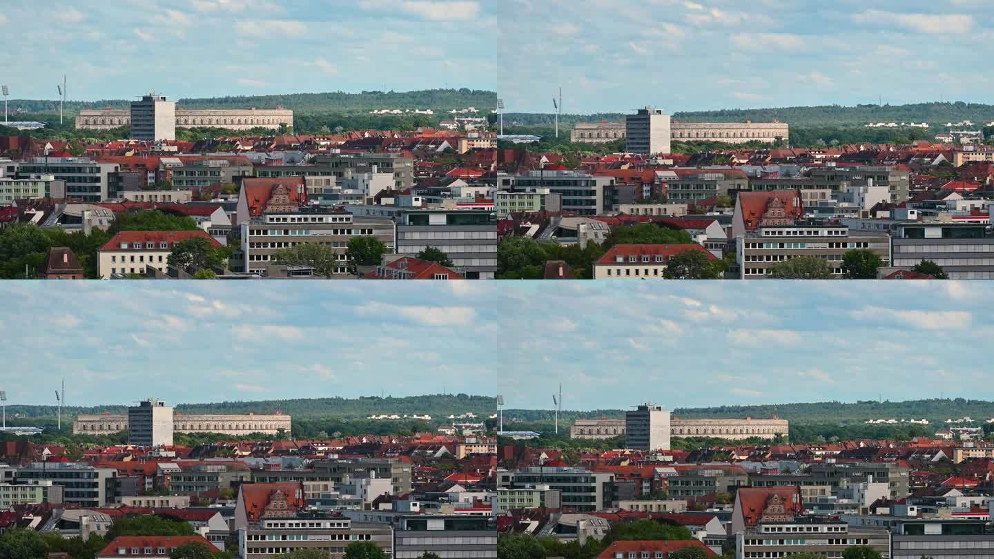 2023年8月1日，德国纽伦堡。希特勒想要的会议中心方向的录像。在外观上使人联想到罗马斗兽场。它矗立
