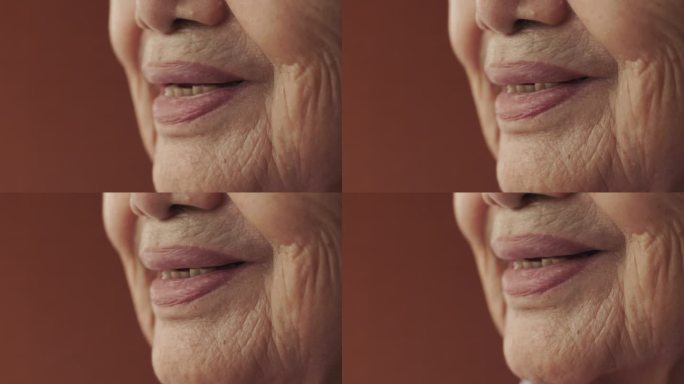 近距离4K的牙齿护理和衰老之美，以奶奶的嘴为中心，展现牙齿对抗衰老皱纹的皮肤，贯穿愉悦、享受和幸福的
