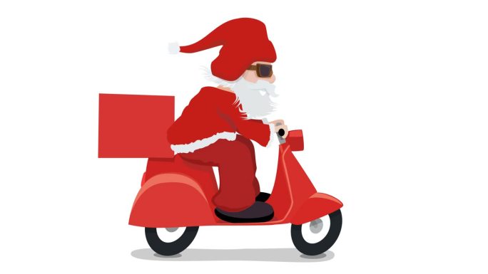 圣诞老人骑着他的红色摩托车(循环)