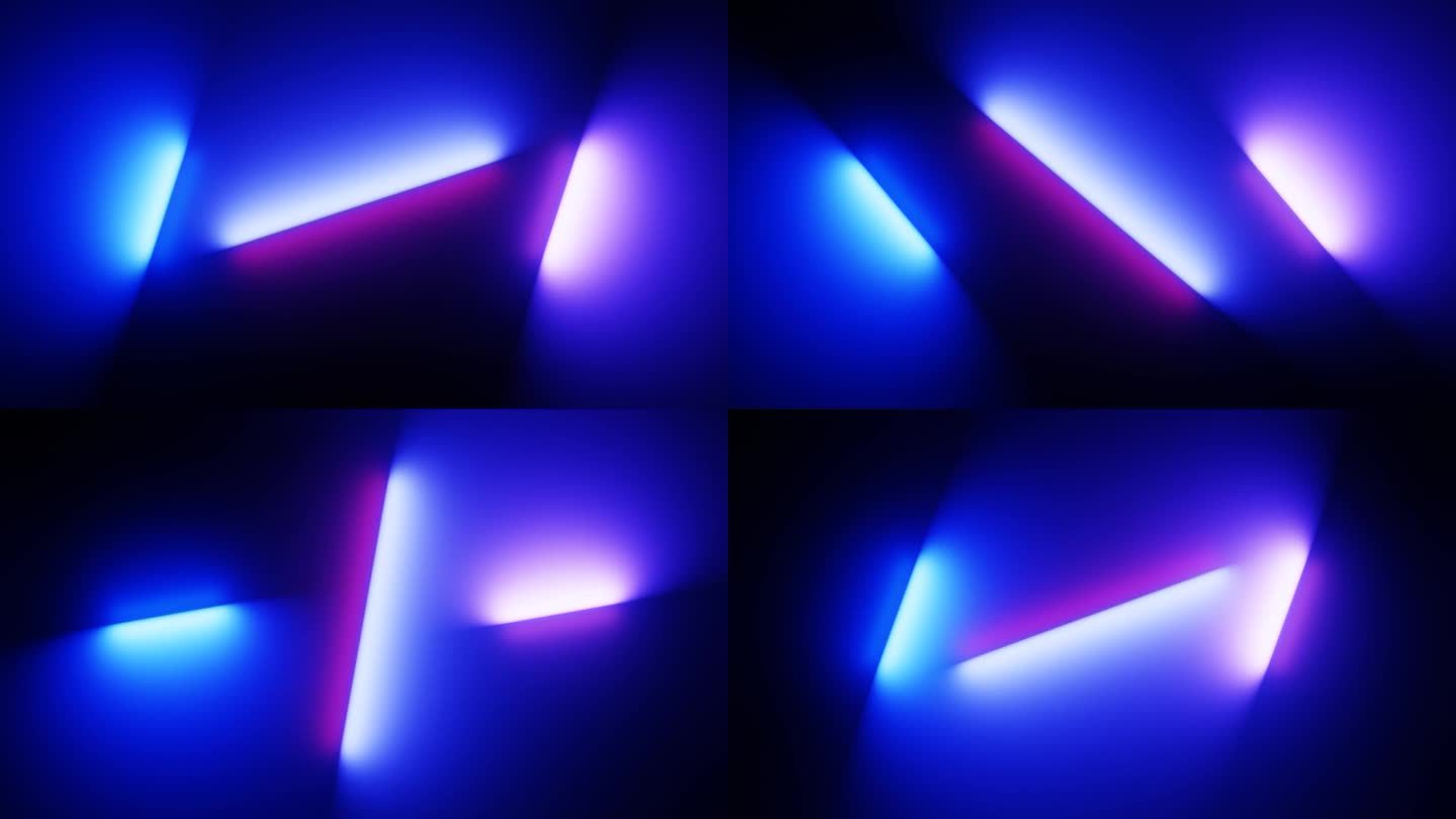 4k循环3d动画，抽象霓虹背景与旋转发光线。用蓝色荧光灯照亮的暗墙