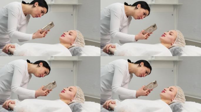 医务室里，一名女医生在给病人注射透明质酸、面部矫正和美容后，用手机给病人拍照。