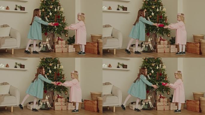 家庭圣诞传统。两个小女孩姐妹互赠礼物。新的一年