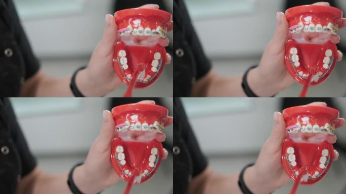 牙齿用牙套清洁说明，用牙刷刷牙的正确方法。牙医和牙齿保健师解释如何清洁牙齿。