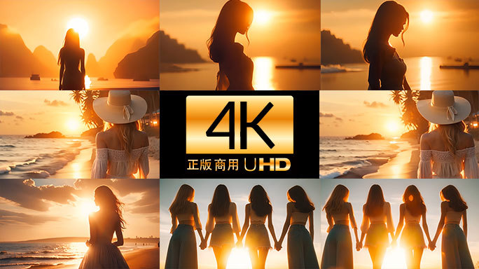 日落黄昏女孩走在海边沙滩的唯美景象4K