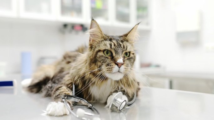 这是一只可爱的缅因库恩猫带着听诊器的照片，是一位兽医在参观兽医院时拍的。这只宠物是兽医诊所的标志。