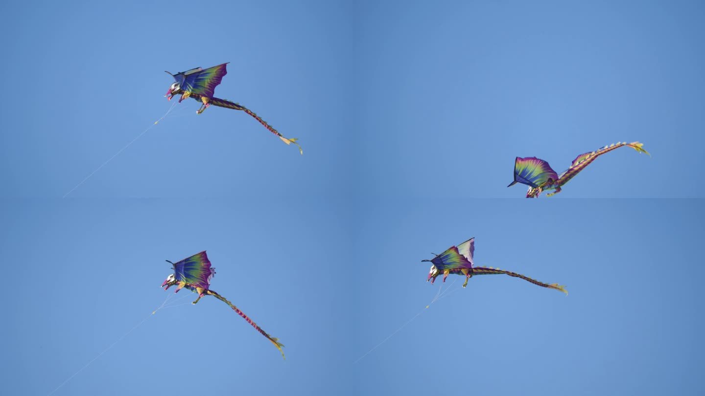 龙风筝在晴朗的蓝天上，尾巴在4k