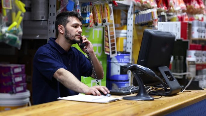 在一家五金店工作的拉丁美洲工人在电话中与客户交谈，确认产品的可用性，检查系统上的库存