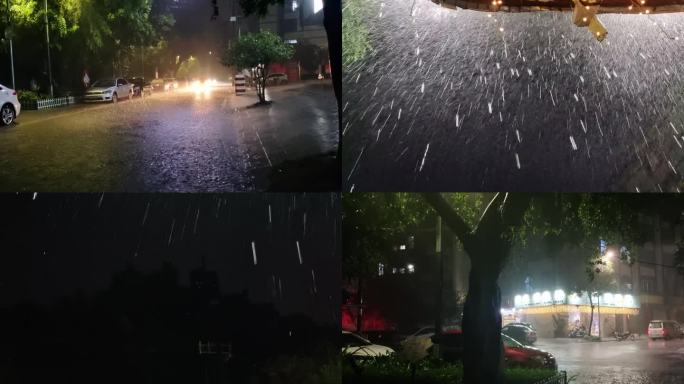 雨季夜景雨天雨景大雨滂沱倾盆大雨黑夜城市