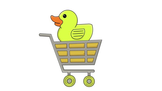 一辆手推车载着一只玩具鸭子的动画视频