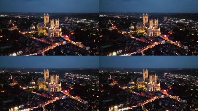 黄昏时，无人机拍摄的英国地标林肯大教堂的视频，展现了其雄伟、明亮的哥特式建筑。