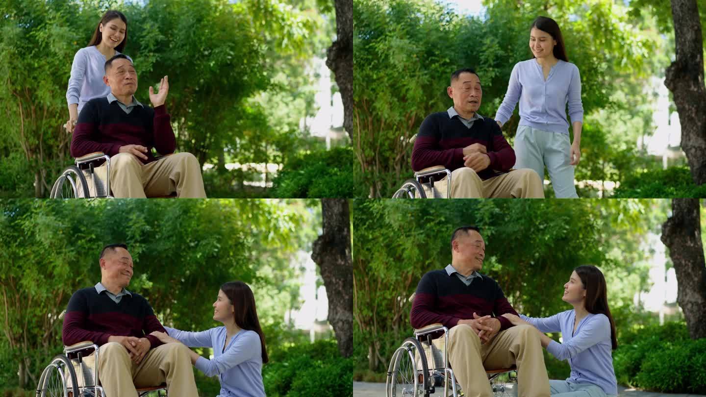 亚洲细心的照顾者或护士在照顾轮椅上的病人。幸福退休的概念，由照顾者照顾，储蓄和高级健康保险，一个幸福