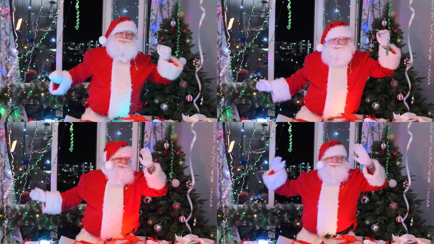 善良的圣诞老人随着音乐舞动着双手，给人一种节日的气氛