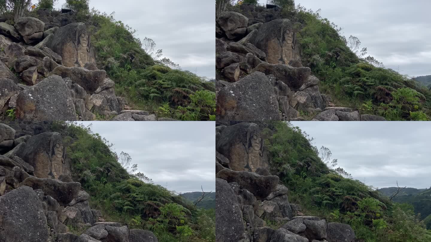 雕刻的查奎拉图腾岩石俯瞰马格达莱纳河峡谷在圣奥古斯丁，哥伦比亚。