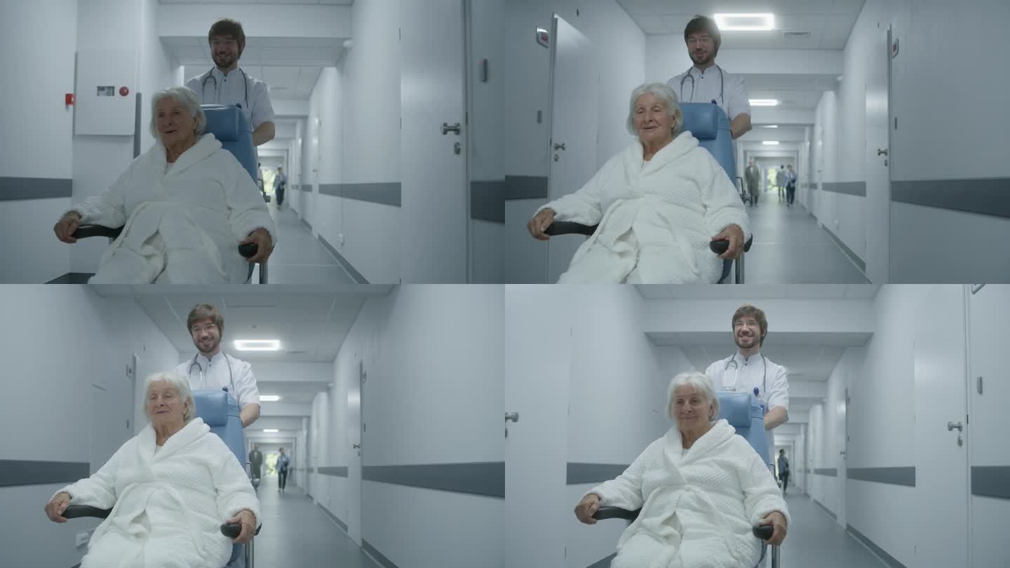 老病人坐在轮椅上，和年轻的医生谈笑风生