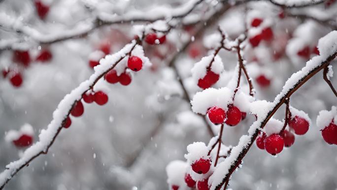 雪景冬季下雪树叶树枝