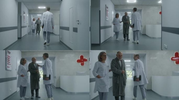 成熟的医生拿着药片走过医院的走廊