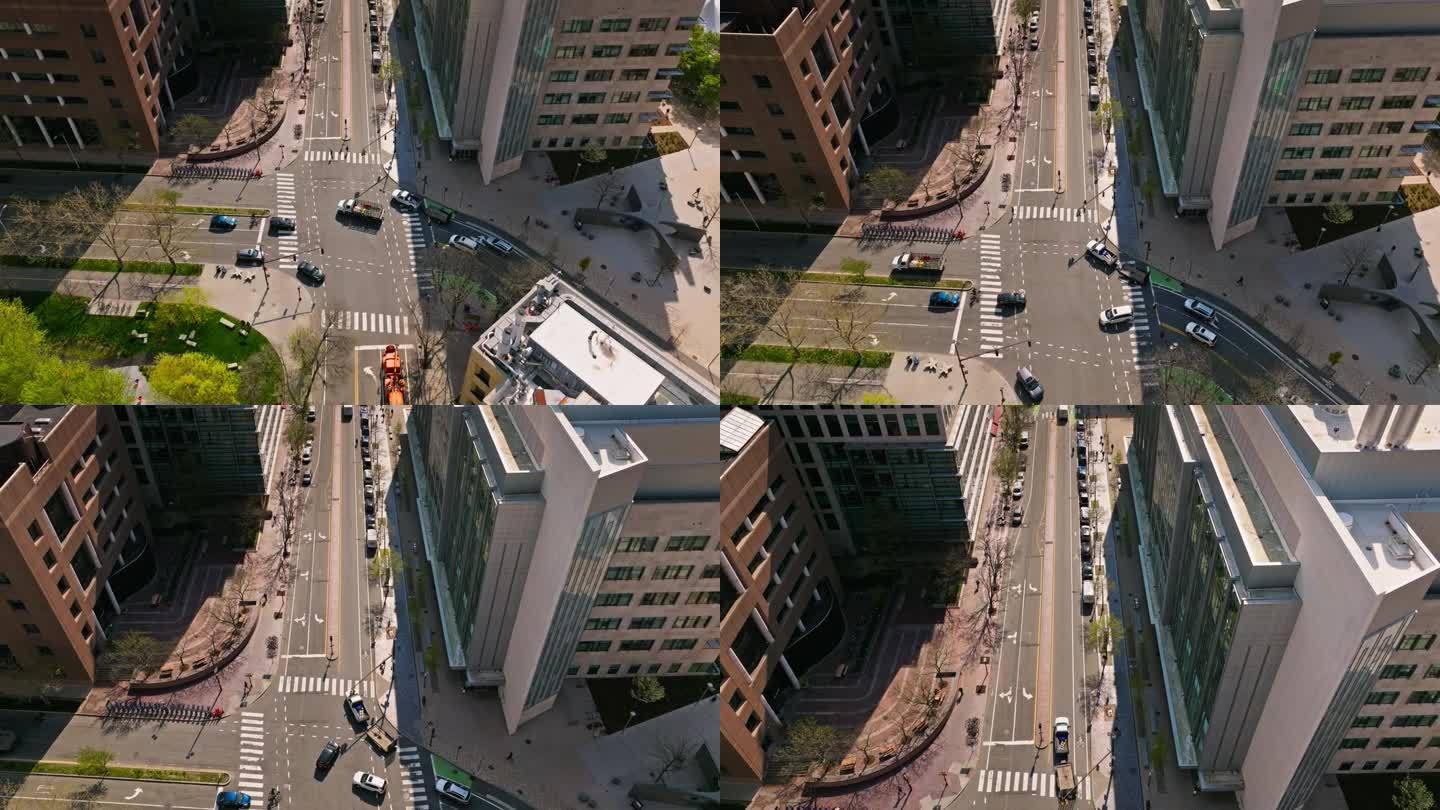 高角度无人机沿主要街道飞行在剑桥，麻省理工学院附近-慢动作