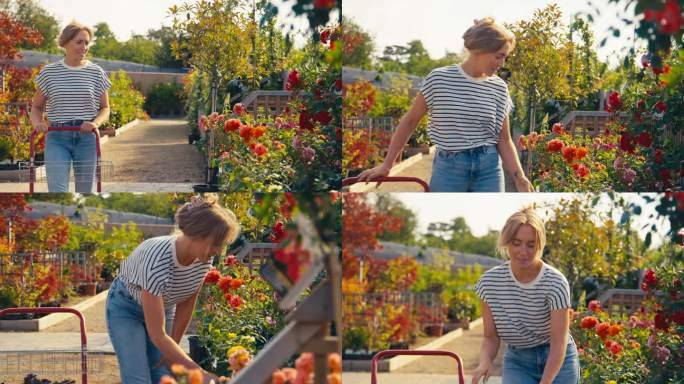 一名女子推着手推车在花园中心户外挑选植物和购买玫瑰
