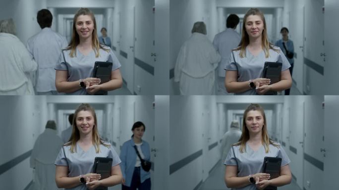 女医生站在现代诊所的走廊里，看着镜头