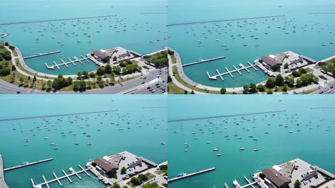 航拍小车到达芝加哥湖岸港，船只停泊在海堤内