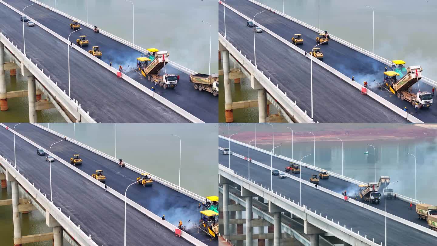正在桥面施工建设的城市跨江大桥