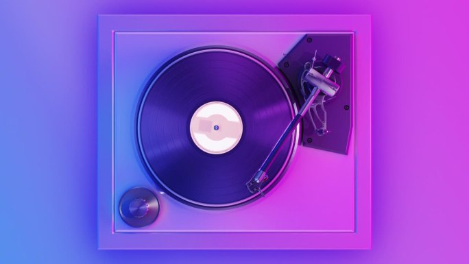 摘要复古黑胶唱片机在迪斯科紫色蓝灯旋转磁盘无缝。音乐盘旋转循环3d动画。DJ唱盘派对概念背景