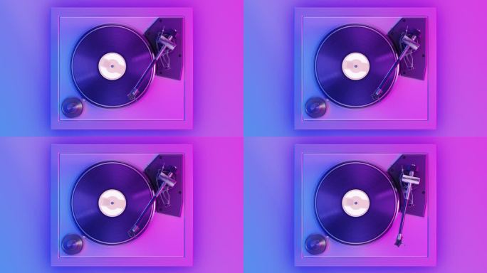 摘要复古黑胶唱片机在迪斯科紫色蓝灯旋转磁盘无缝。音乐盘旋转循环3d动画。DJ唱盘派对概念背景