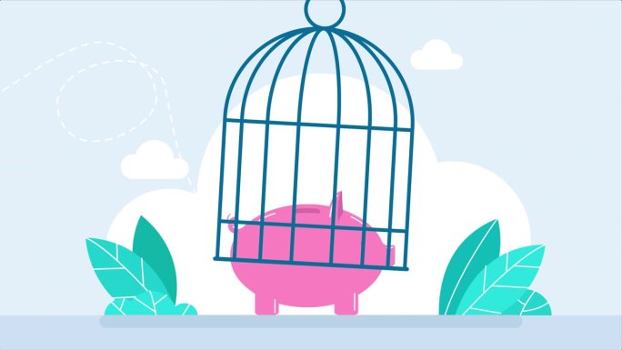 粉红色的小猪储蓄罐动画。在笼子里的储蓄罐。富裕的储蓄罐在鸟笼的强力保护下。储蓄，财富，财产。保护金钱