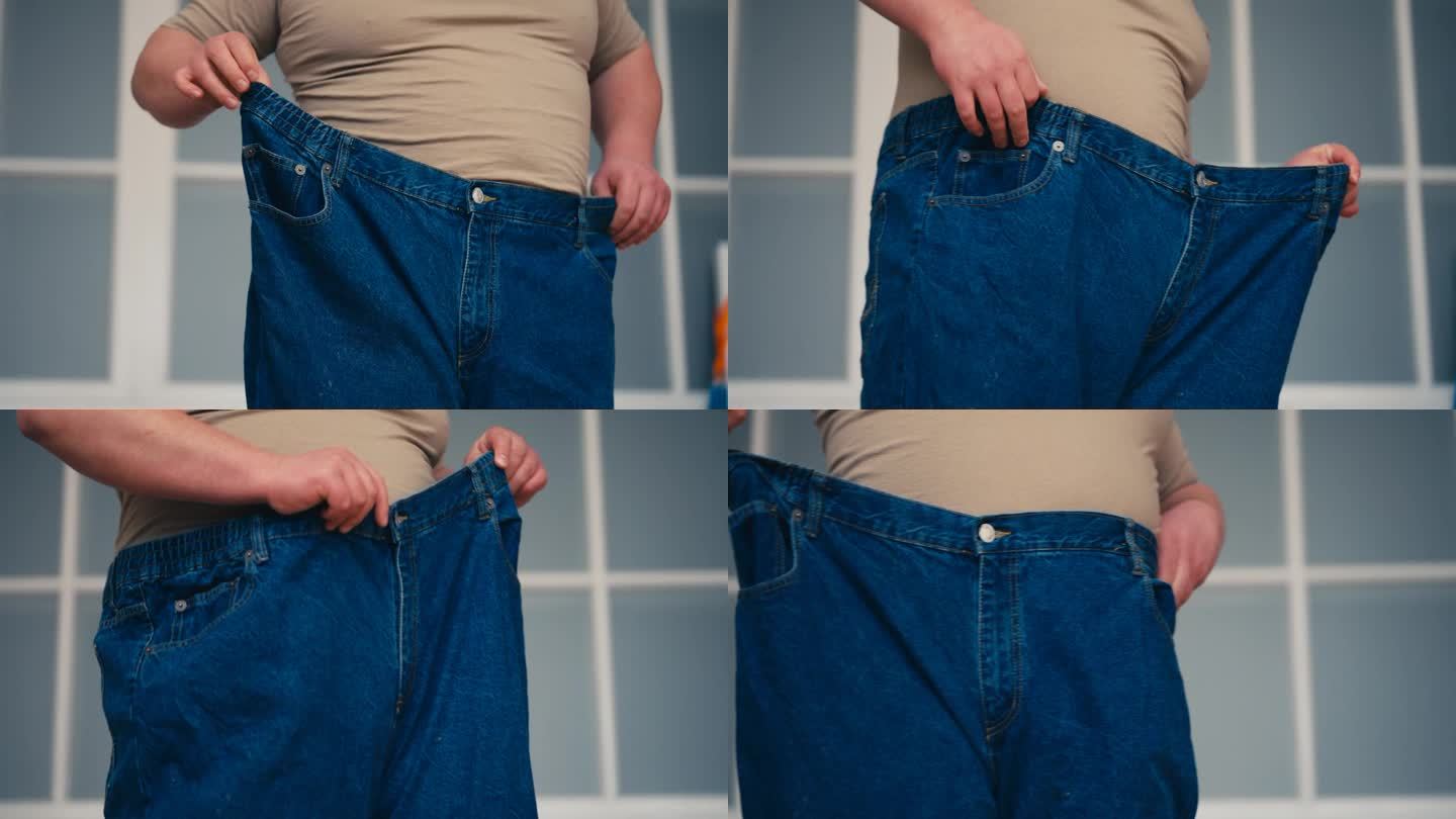 男士试穿特大号牛仔裤，减肥效果，健康节食运动
