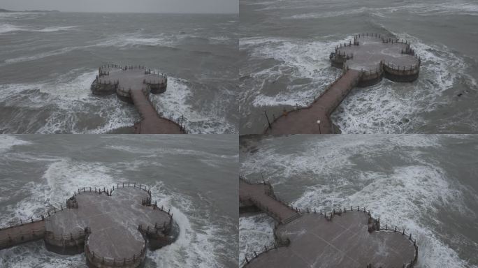 航拍山东威海金海湾栈桥暴风雪狂风巨浪