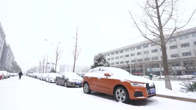 下雪天整齐停放的汽车