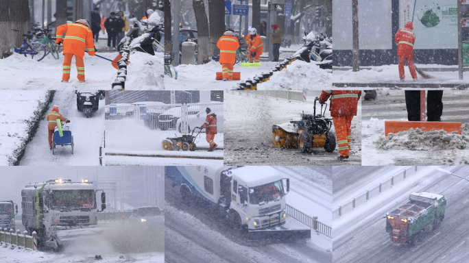 铲雪车和环卫工人除雪