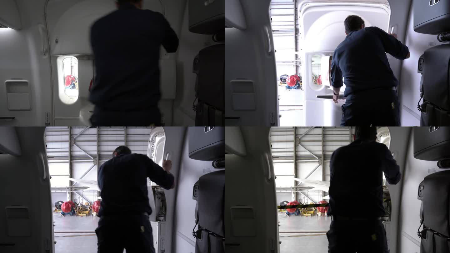 拉丁裔男性飞机技师从飞机内部打开舱门。