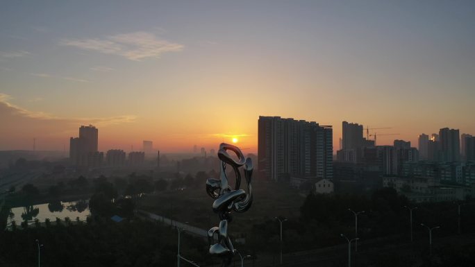 【4K】宿迁市沭阳之水日出航拍 地标雕塑