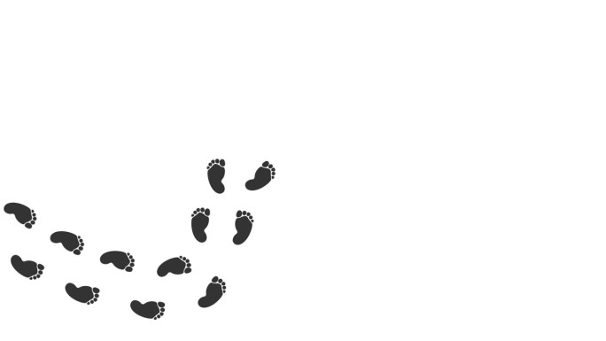 婴儿脚印动画。从右到左在地板上留下干湿的赤脚脚印。宝宝的脚印。行走循环动画，图形运动。白色背景的录像