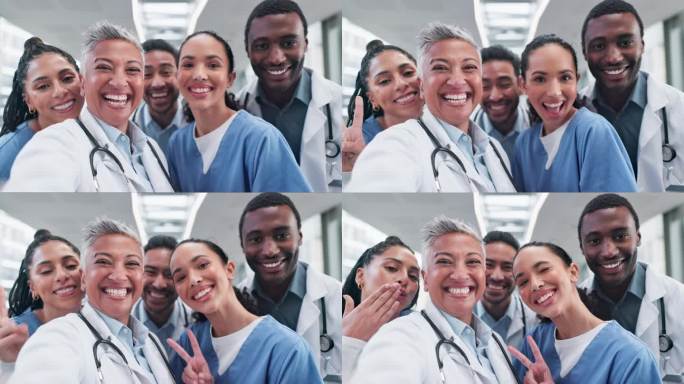 医生，在医院的脸部或团队自拍用于社交媒体应用程序，个人资料照片或在线发布关于我们的信息。肖像，微笑或
