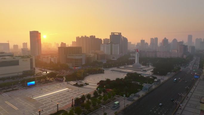 南昌八一广场人民英雄纪念碑清晨日出航拍