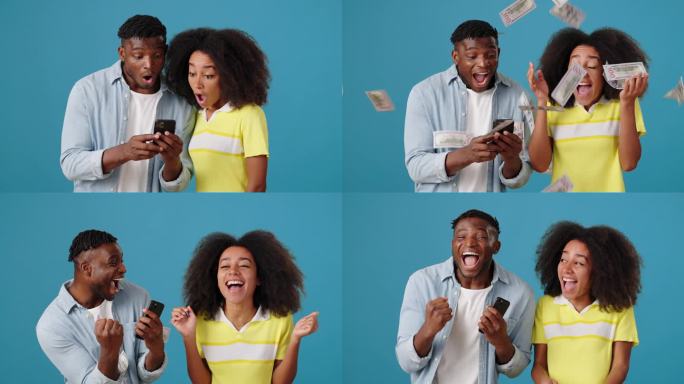 幸福的非裔美国夫妇手机被现金雨淋了