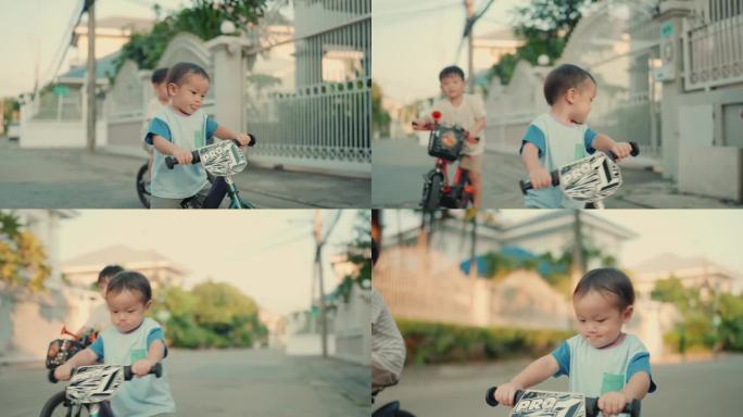 快乐的户外活动:两个活跃的孩子骑自行车，体验好玩的童年冒险。