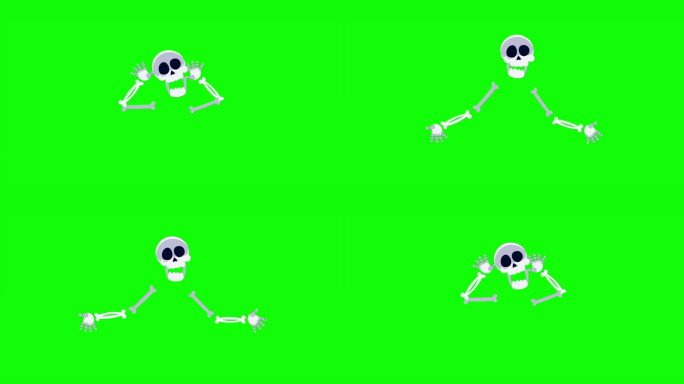 卡通骷髅在绿色屏幕背景上跳舞。4K(万圣节图形)。