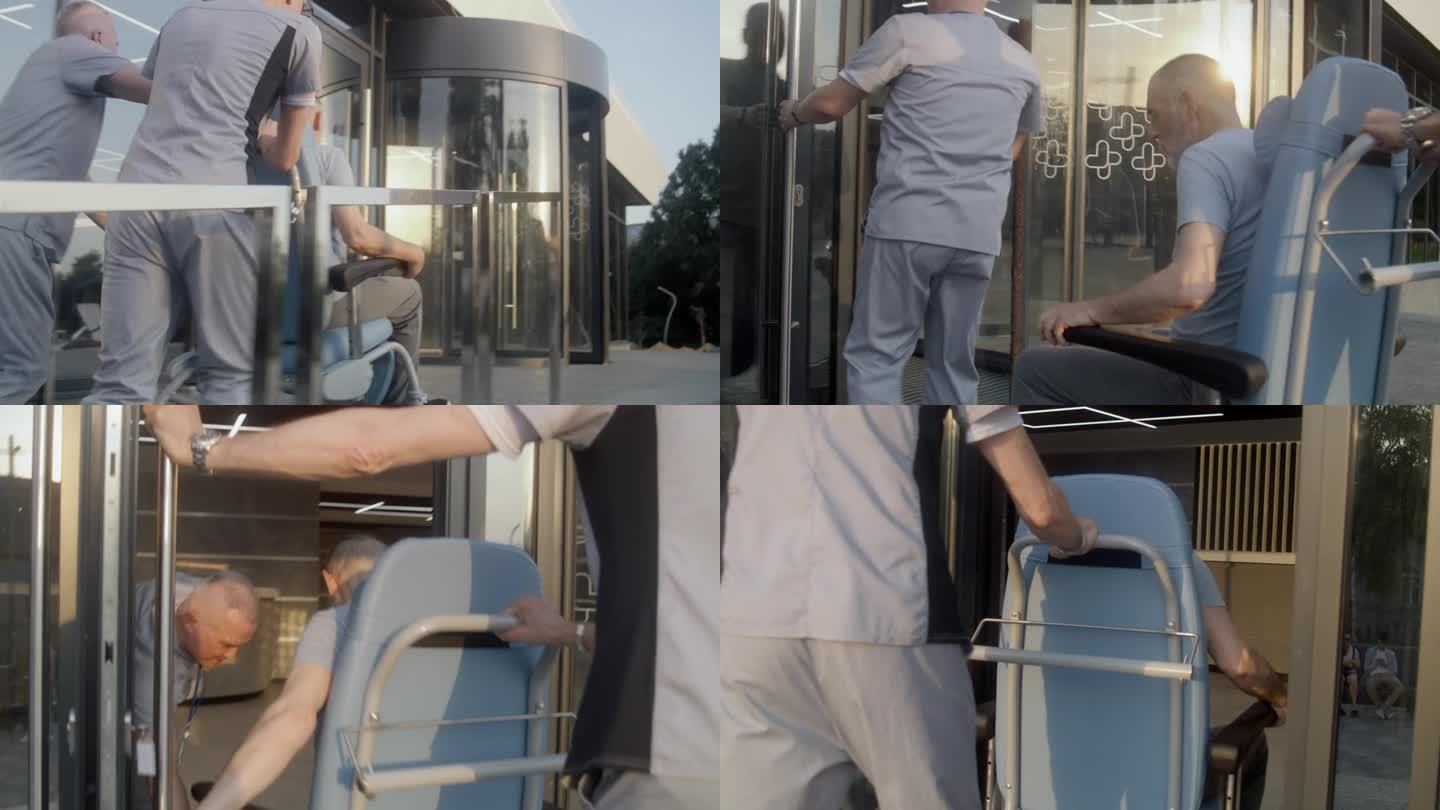 两位医生用轮椅把病人送到医院