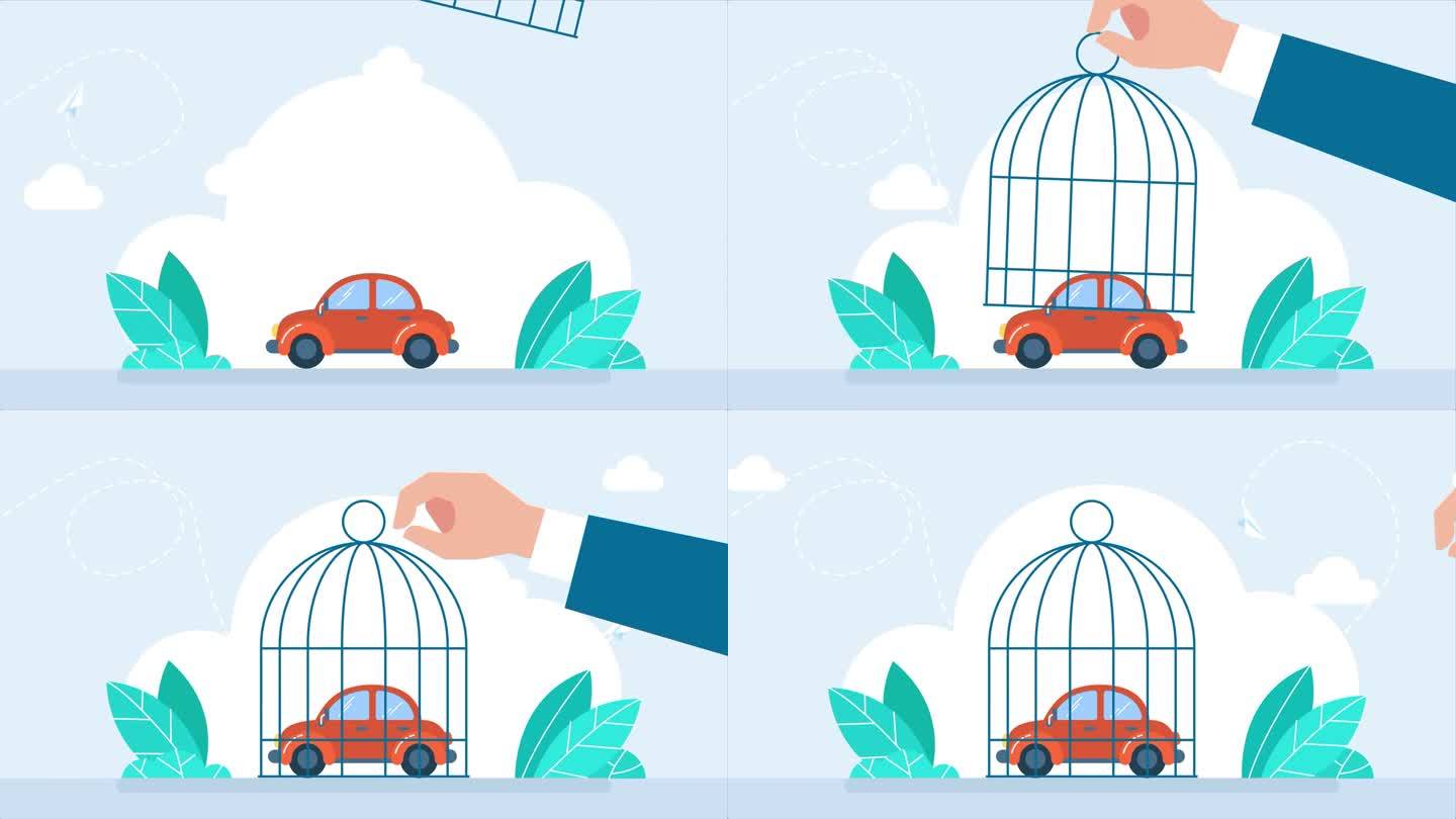 笼子里的红色汽车动画。用手举起一个汽车笼子。大手拿着鸟笼抓着车里的小商人。罚金、扣押、动产贷款的概念
