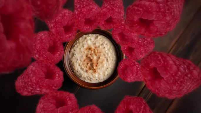 树莓盘旋着落到燕麦碗里，慢动作